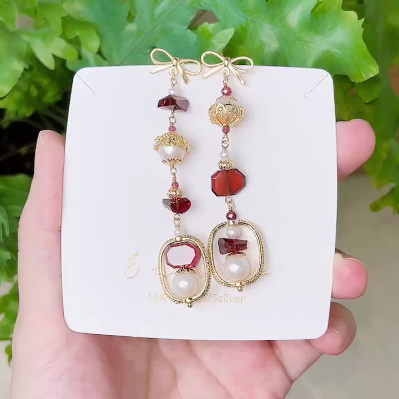 冷豔華麗感 天然石榴石不規則珍珠耳環 - 耳環/耳夾 - 水晶 紅色