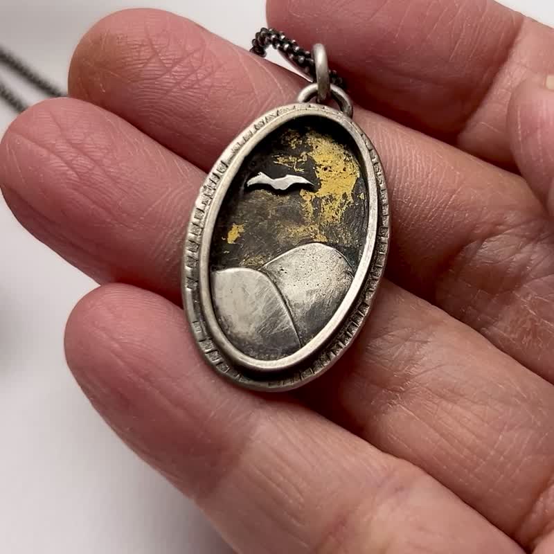 【Landscape Series】 #c45 Distant Mountains & Flying Birds Necklace - Necklaces - Silver Silver