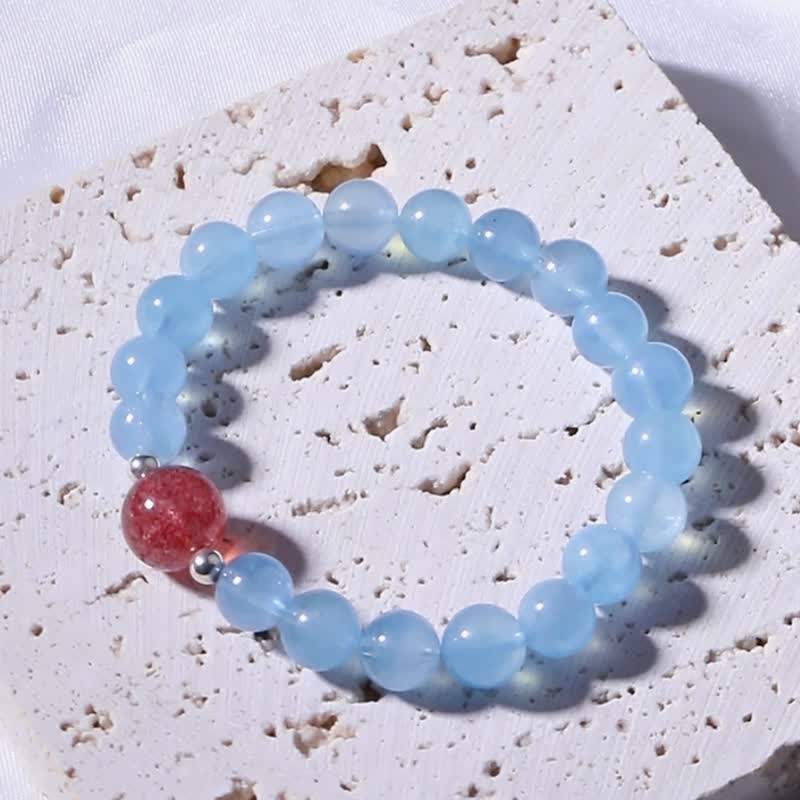 招財運 | 頂級草莓晶 | 天然海藍寶 | 歡樂之石水晶手鍊 - 手鍊/手環 - 水晶 藍色