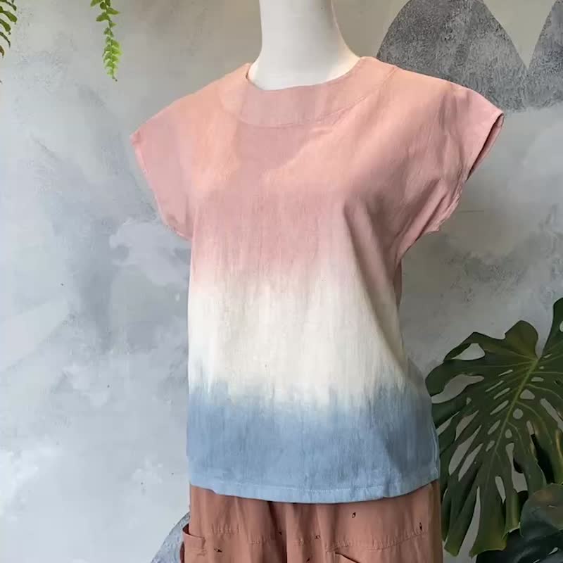 Mineral mud dyed spring cherry pink and blue striped French short-sleeved round neck top pure cotton - เสื้อผู้หญิง - ผ้าฝ้าย/ผ้าลินิน สึชมพู