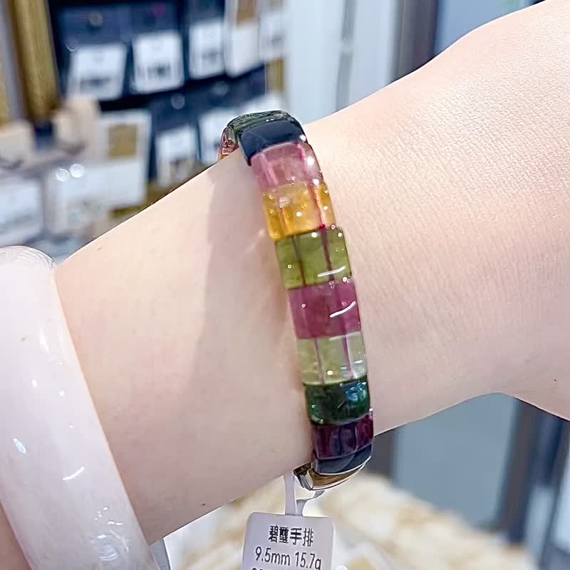 Natural rich color tourmaline with rare blue jade hand row 9.5mm 15.9g omni-directional energy magnetic field high frequency energy - สร้อยข้อมือ - คริสตัล หลากหลายสี