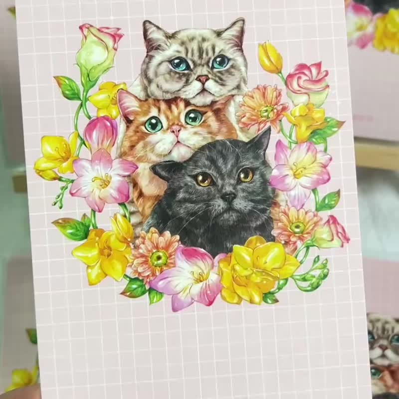 手繪水彩三貓疊疊明信片postcard - 卡片/明信片 - 紙 