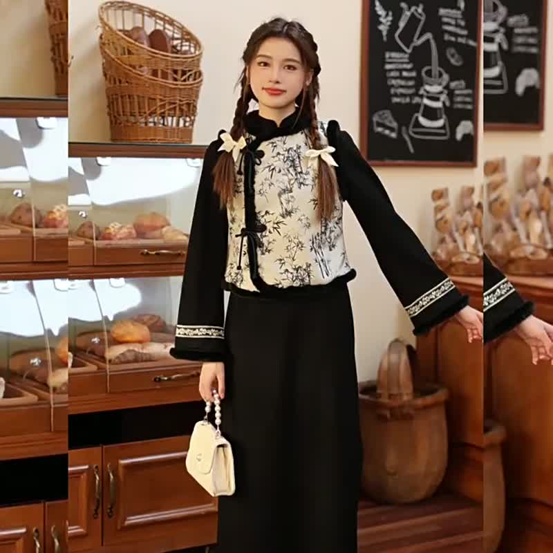 Miss Republic of China Chinese black and white dress cheongsam autumn and winter quilted vest new Chinese style Spring Festival dress - ชุดเดรส - เส้นใยสังเคราะห์ สีดำ