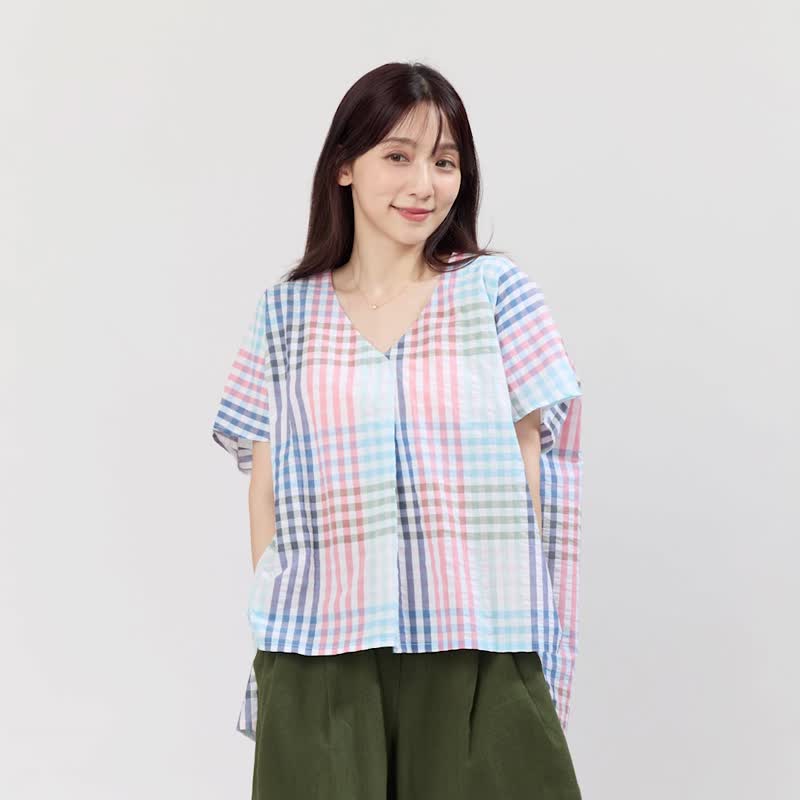 Vicky夏日V領棉質寬上衣/彩格紋 - 女上衣/長袖上衣 - 棉．麻 粉紅色