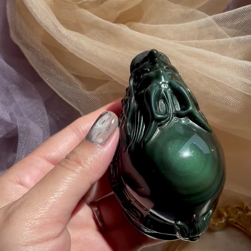 【彩黑曜石 綠眼龍龜】避邪 防小人 辦公室小物 水晶擺件 - 擺飾/家飾品 - 寶石 黑色