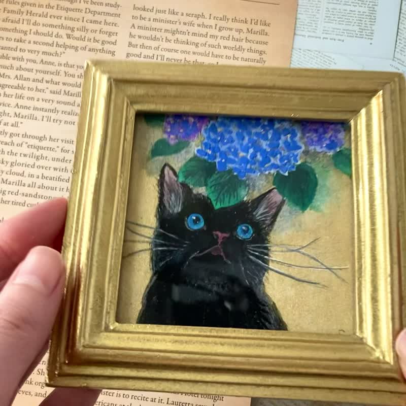 黒猫と紫陽花-B　　　　　　/　繡球花　　繪畫　仿古風格　古董　室内装饰 - 海報/掛畫/掛布 - 紙 金色