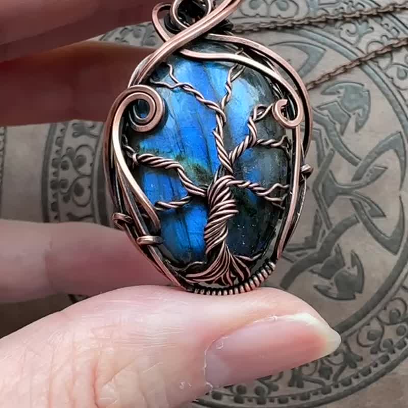 WW262 全手工編織 繞銅線復古做舊 wire wrap 生命之樹拉長石吊咀 - 項鍊 - 銅/黃銅 咖啡色