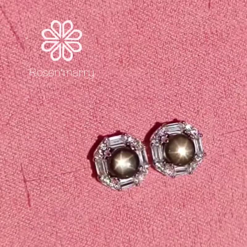 Rosen'marry/ต่างหูพลอยแบล๊คสตาร์ซัฟฟายแท้ ตัวเรือนเงินแท้925 ใส่ติดหูได้ทุกวัน - ต่างหู - เงินแท้ สีดำ