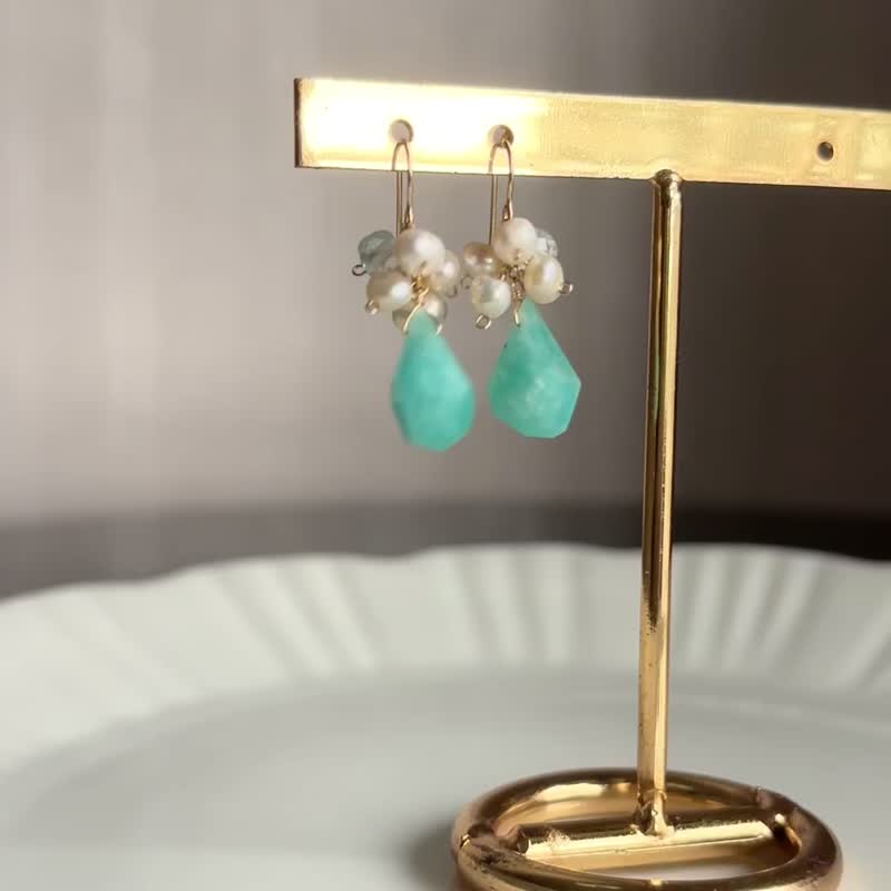 14kgf Amazonite Topaz short earrings - ต่างหู - เครื่องเพชรพลอย สีเขียว