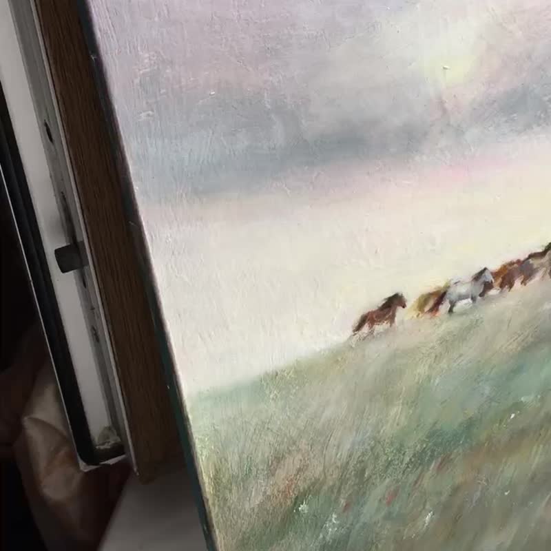 Painting Original landscape field horse animals sunset wall art decor - 壁貼/牆壁裝飾 - 其他材質 綠色