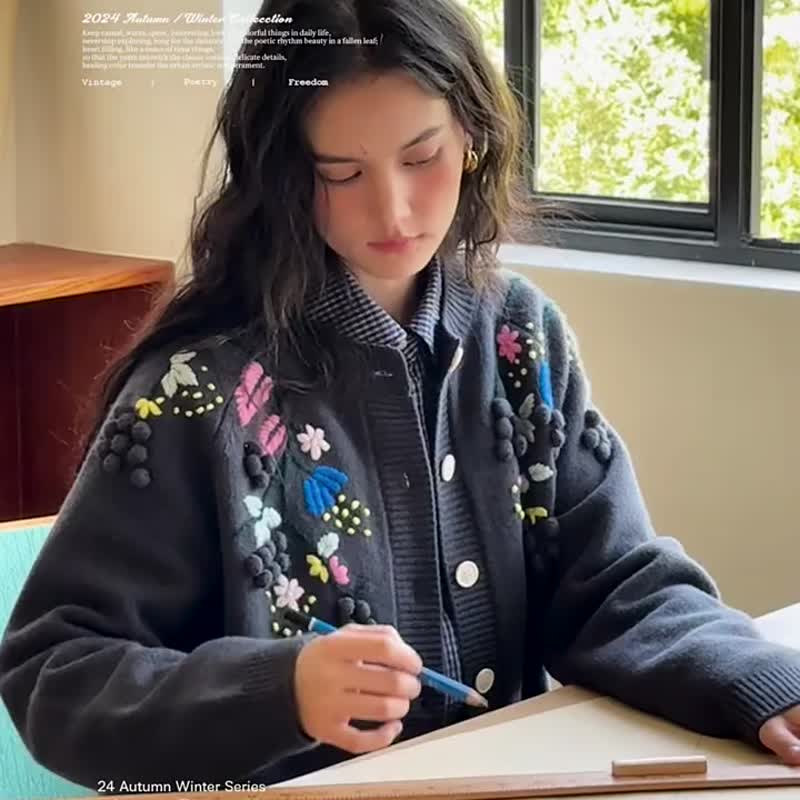 黃/灰/杏白 野島花園  法式復古立體手工繡花毛衣開衫 繡花外套 - 女毛衣/針織衫 - 羊毛 白色