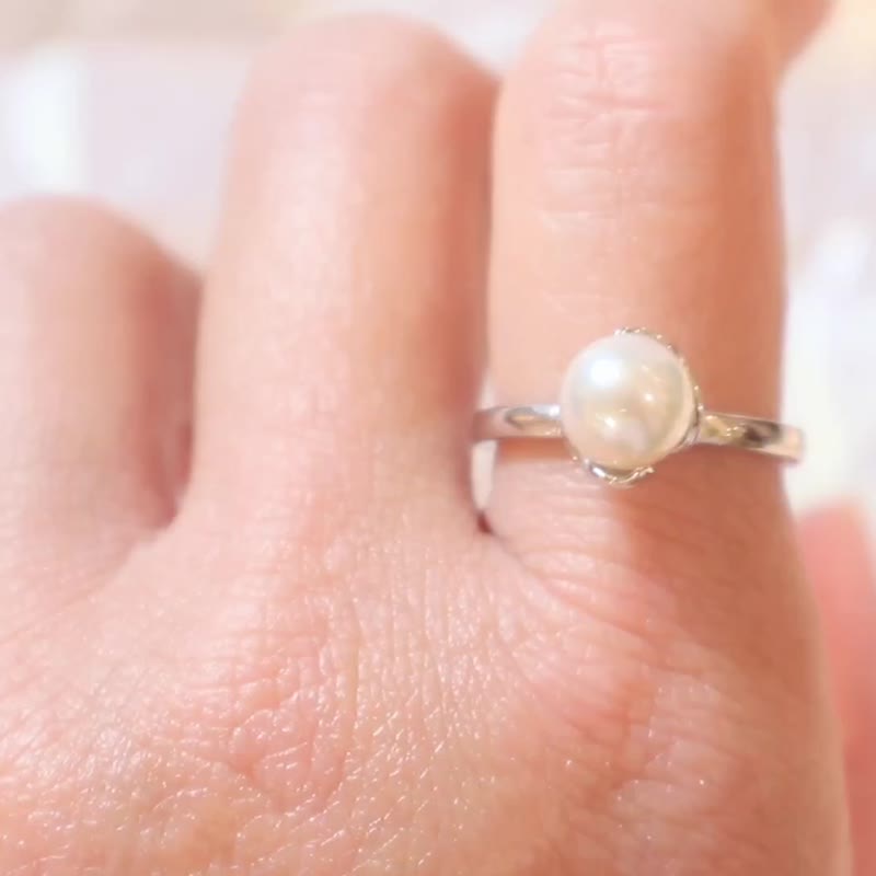 7.45mm - Japanese Akoya Saltwater Pearl - S925 Sterling Silver Leaf Ring with Adjustable Band - General Rings - Pearl Silver