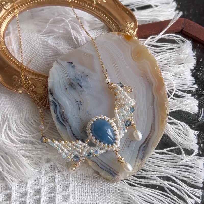 Devil's Aquamarine Angel Wings Freshwater Pearl Bead Pendant - Necklaces - Crystal Blue