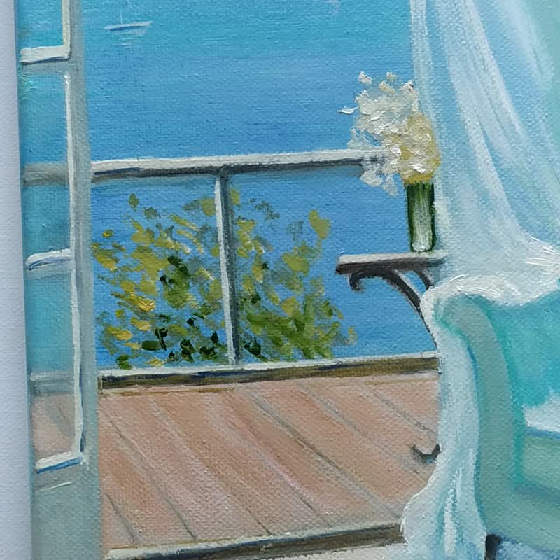 Sea Oil Painting on Canvas Como Lake Art Seacoast Wall Art Summer Romantic Art - 壁貼/牆壁裝飾 - 棉．麻 金色
