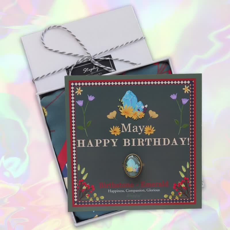 客製生日禮物/5月誕生石祖母綠小方絲巾及絲巾扣生日禮物/小方巾 - 絲巾 - 其他材質 