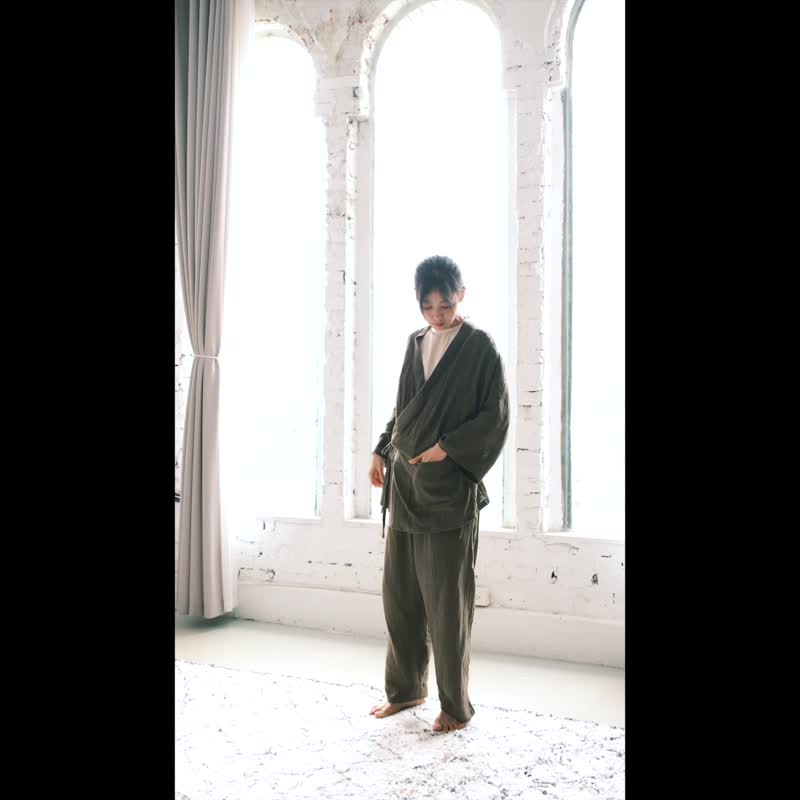 OMAKE 和式綁帶居家服 / 雙層紗 卡其綠 - 居家服/睡衣 - 棉．麻 卡其色