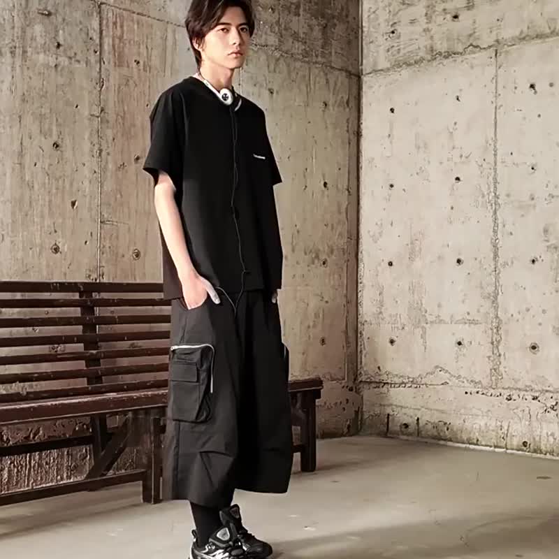 多口袋工裝七分褲廓形打褶直筒中褲寬松休閒短褲 - 男短褲/工作短褲 - 其他材質 黑色