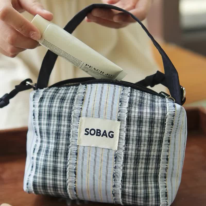 sobag夏日藍色格子條紋帆佈單肩斜挎包女日系ins休閒可愛手拎小包 - 側背包/斜背包 - 棉．麻 藍色
