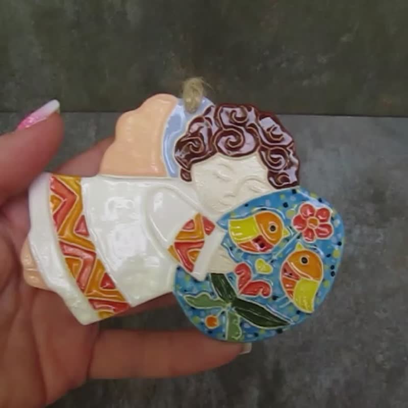 Ceramic Angel with egg wall decor,christmas tree Angel ornaments,handmade Angel - ตกแต่งผนัง - ดินเผา ขาว