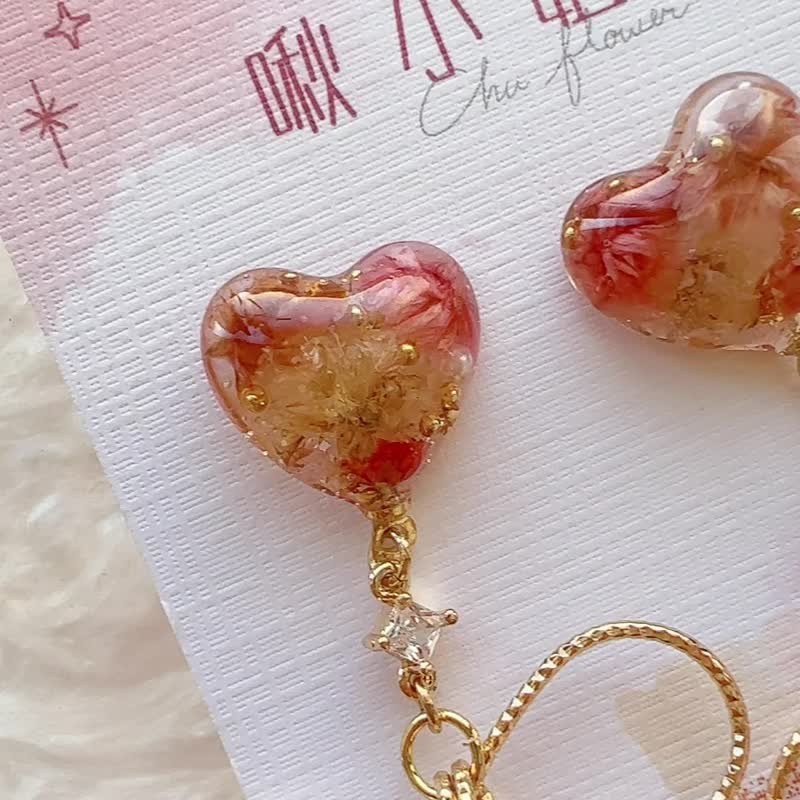 Flower Heart Crystal Diamond Bow Earrings - ต่างหู - เรซิน สึชมพู