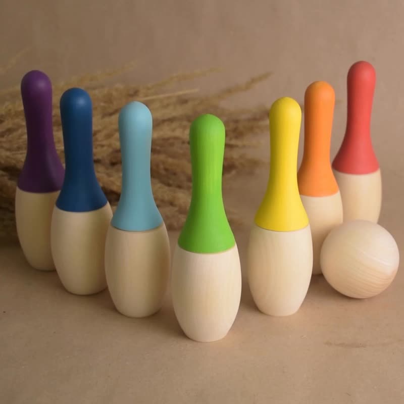 Wooden Bowling Skittles Set Mini Wood Bowling Game with Pins Montessori Toys - 寶寶/兒童玩具/玩偶 - 木頭 多色