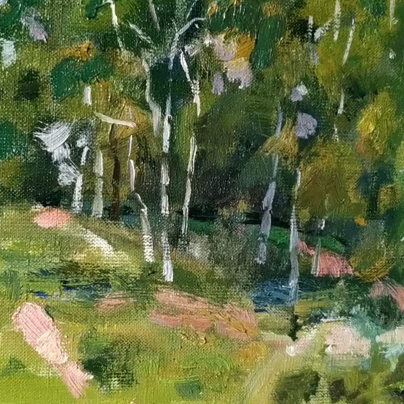 Summer Painting Original Art Realism Landscape Birch Lake Artwork Trees Canvas - 掛牆畫/海報 - 其他材質 多色