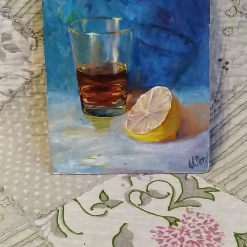 静物画 オリジナルアート ウイスキーグラス レモンアートワーク 食べ物の絵画 - ポスター・絵 - その他の素材 イエロー