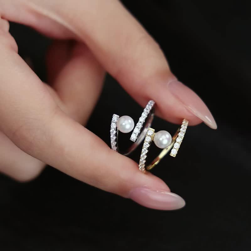 設計感珍珠鋯石戒指 - 戒指 - 純銀 金色