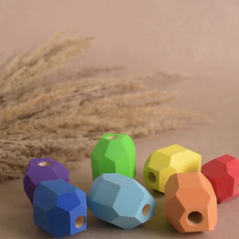 Wooden Lacing Toy Game Stacking Balancing Stones Montessori Color Sorting Toy - ของเล่นเด็ก - ไม้ หลากหลายสี