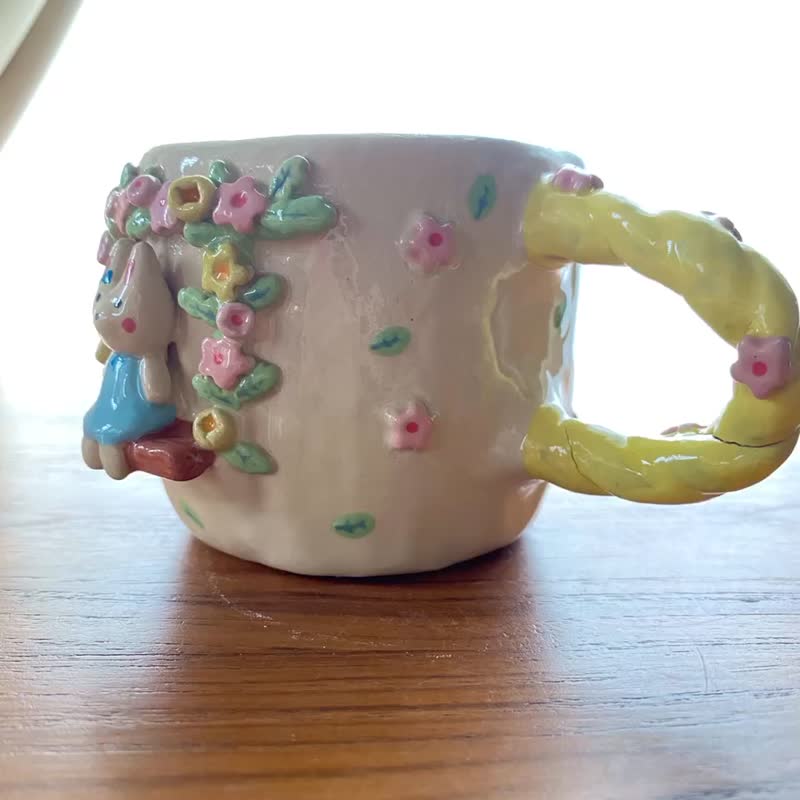 Cute Rabbit In The Flower Garden Handmade Ceramic Mug - 其他杯子 - 陶 粉紅色