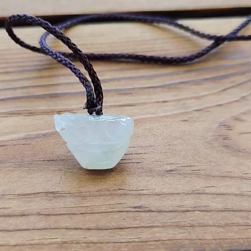 Pro-Cui Natural Jade Ice Seed Water Special Shape Pixiu Yuanbao Adjustable Rope Chain - Necklaces - Jade White