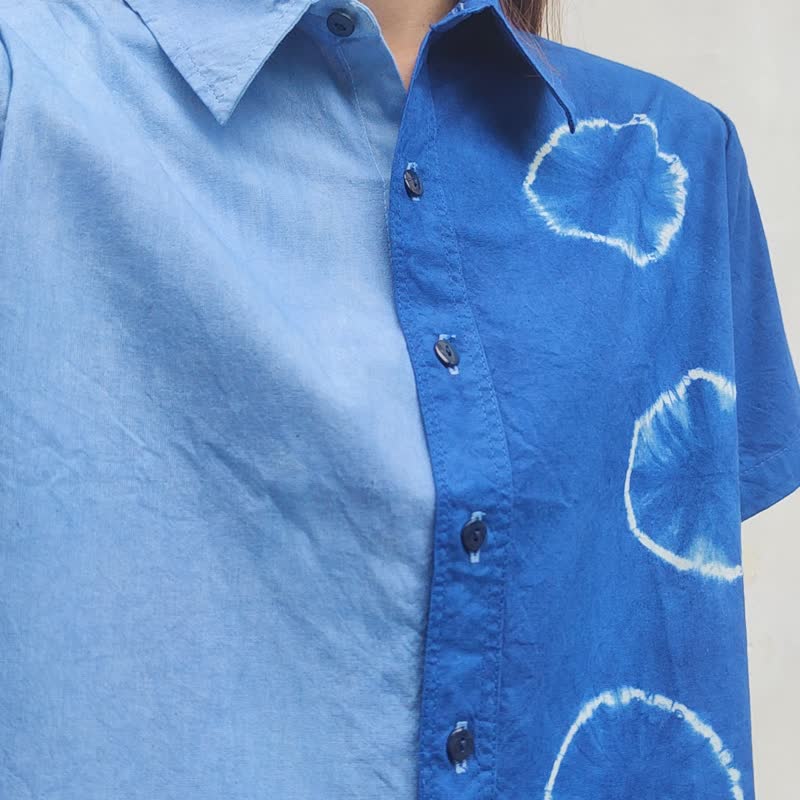 Jinda Shirt C - 簡約靛藍短袖背心 - 女上衣/長袖上衣 - 棉．麻 藍色