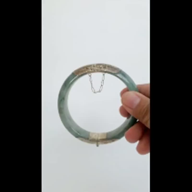 Burmese Silver Clad Hinged Jade Bangle Flat Inner Natural Green Inner Size 60 mm - 手鍊/手環 - 玉石 綠色