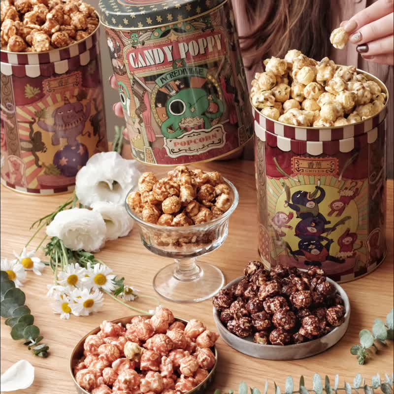 CANDY POPPY x Incrediville Popcorn Tin (Caramel&Starwberry Flavor) - Snacks - Other Metals Green