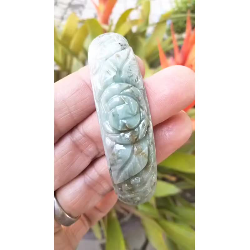 Carved Jade Bangle Natural Burmese Jadeite Carved Flower Dark Green Light Green - Bracelets - Jade Green