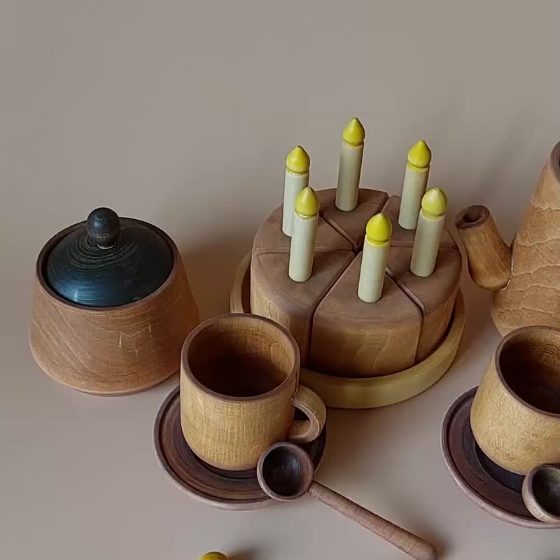 Wooden Tea and Cake Set Montessori Play Kitchen Toy - ของเล่นเด็ก - ไม้ สีนำ้ตาล