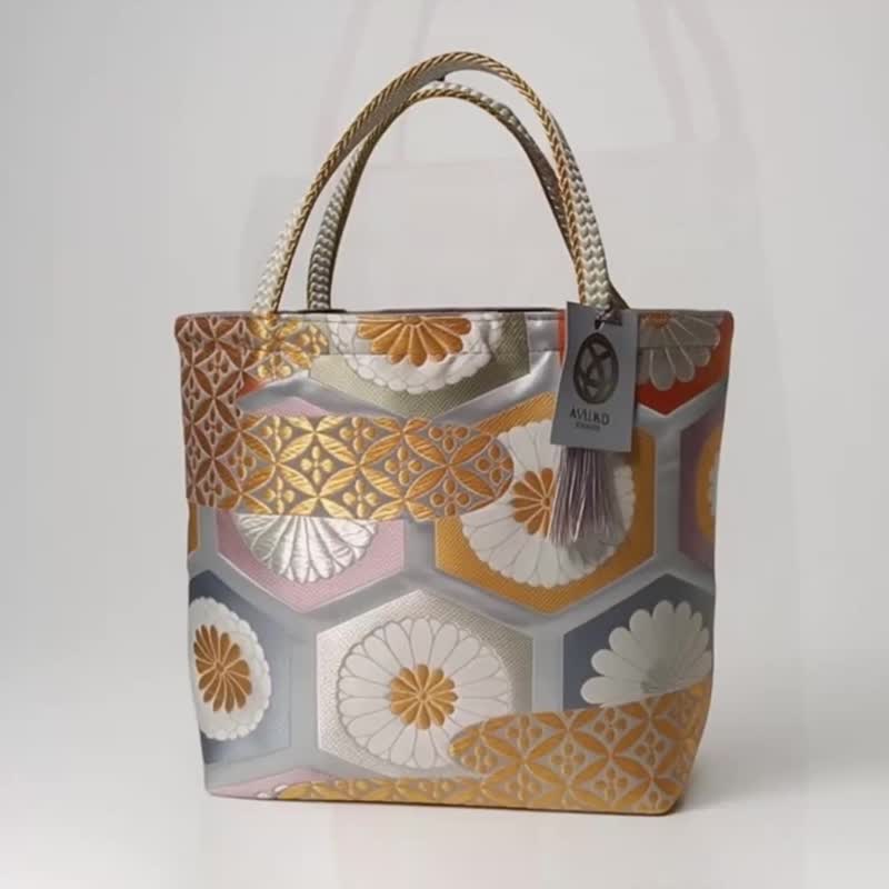 獨一無二真絲和服袋帶托特包, 日本手工刺繡升級改造包, 和風藝術 - 手提包/手提袋 - 絲．絹 銀色