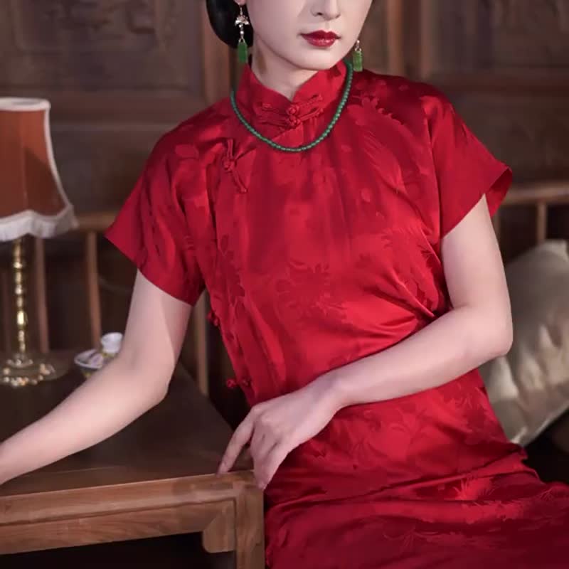 This evening red traditional full-front cheongsam one-piece style without province traditional Republic of China wedding engagement bride dress - Qipao - Polyester Red