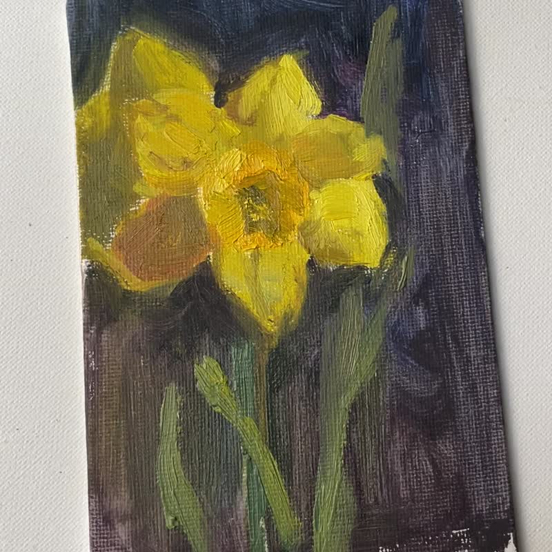 Yellow Daffodil oil painting, 4x6 in (10x15cm) - ตกแต่งผนัง - วัสดุอื่นๆ 