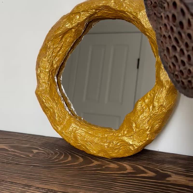 Yellow round mirror, hanging mirror for home, gold frame mirror - 壁貼/牆壁裝飾 - 其他材質 黃色