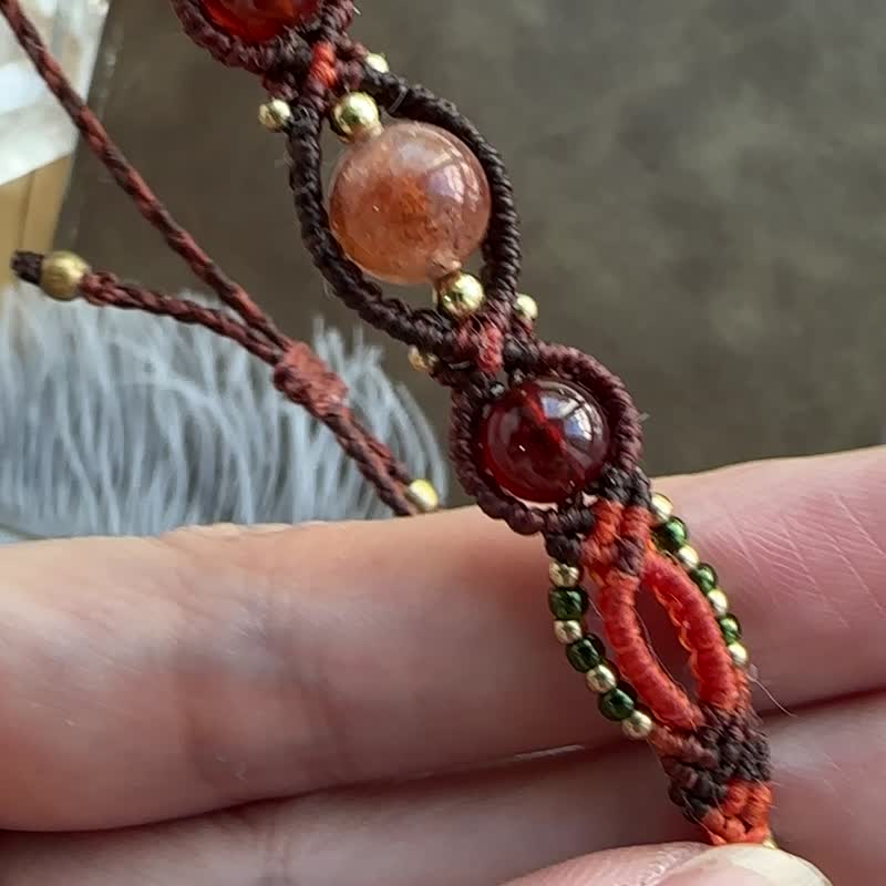 BB61 ethnic style Wax thread braided Stone Stone Bronze bead bracelet - Bracelets - Gemstone Red