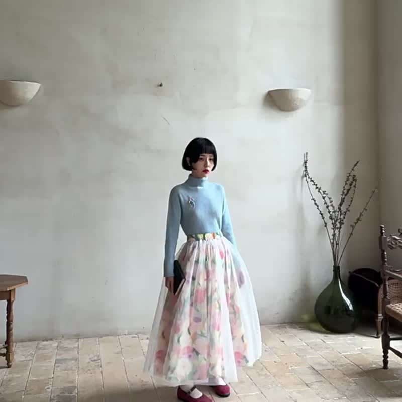 霧藍色 復古高領羊毛毛衣 套頭修身針織衫 精紡客製紗線 細膩柔軟 - 女毛衣/針織衫 - 羊毛 藍色