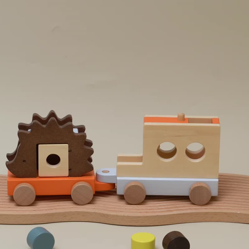 木製機關小火車,包含投幣,尋找小機關,移動木車,適合嬰兒的木玩具 - 嬰幼兒玩具/毛公仔 - 木頭 