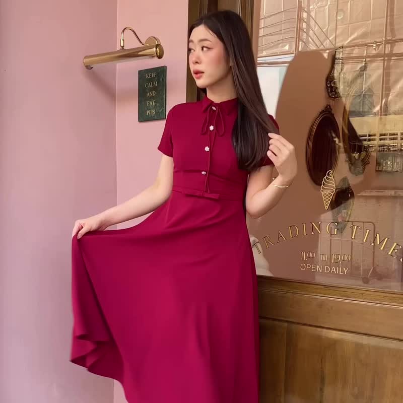 Capheny Ivy dress with a bow tie - Red  (Cocktail dress, evening dress) - 連身裙 - 聚酯纖維 紅色