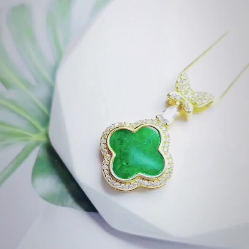 |Clover|Natural Myanmar A-grade emerald green four-leaf clover sterling silver plated 18k gold luxury pendant - Necklaces - Jade 