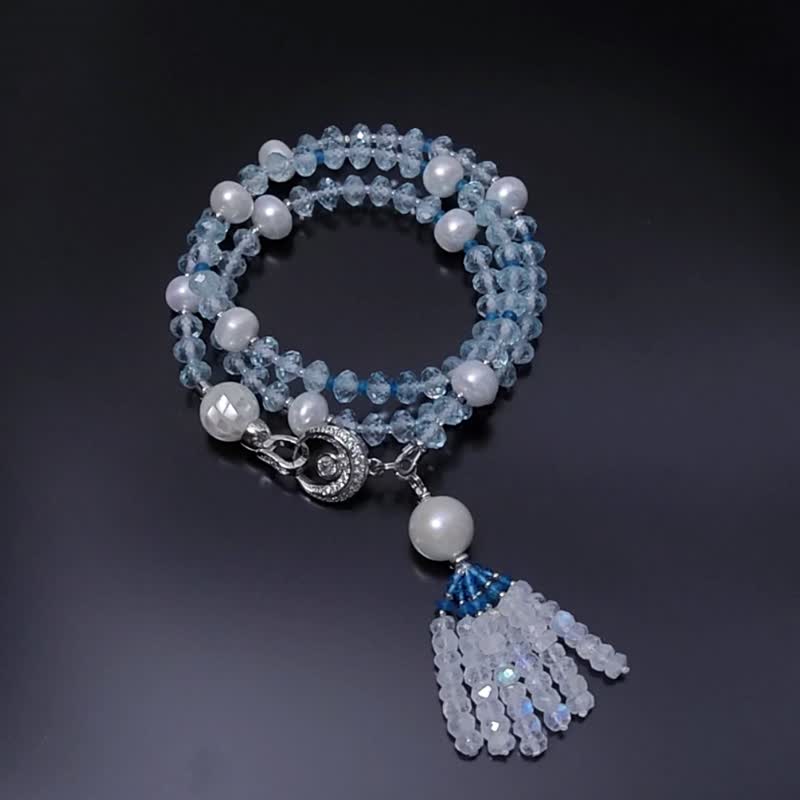 Top-quality blue Stone blue moonstone pearl mother-of-pearl throat wheel 3-turn bracelet necklace 2-use single product - สร้อยข้อมือ - เครื่องเพชรพลอย สีน้ำเงิน