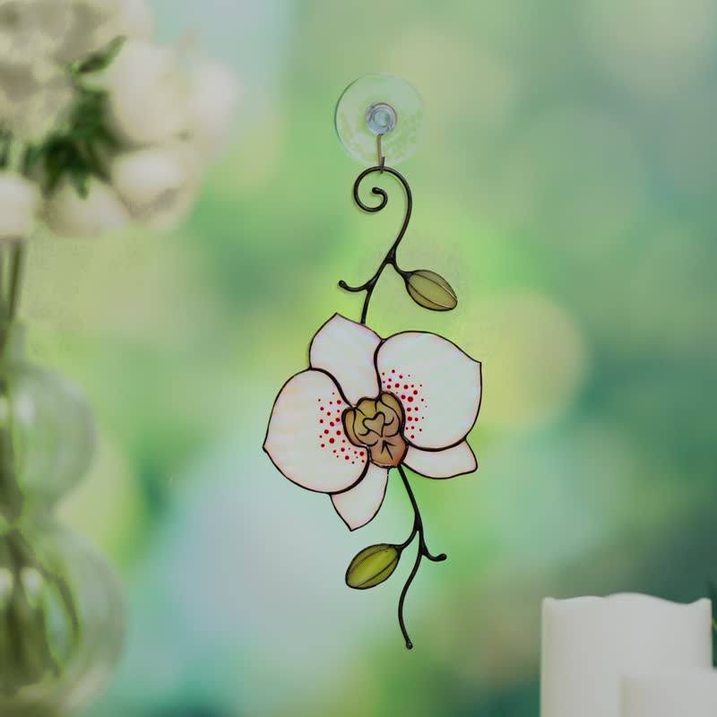 白色蘭花彩色玻璃掛飾 Tiffany工藝手工花卉玻璃藝術 - 壁貼/牆壁裝飾 - 玻璃 白色