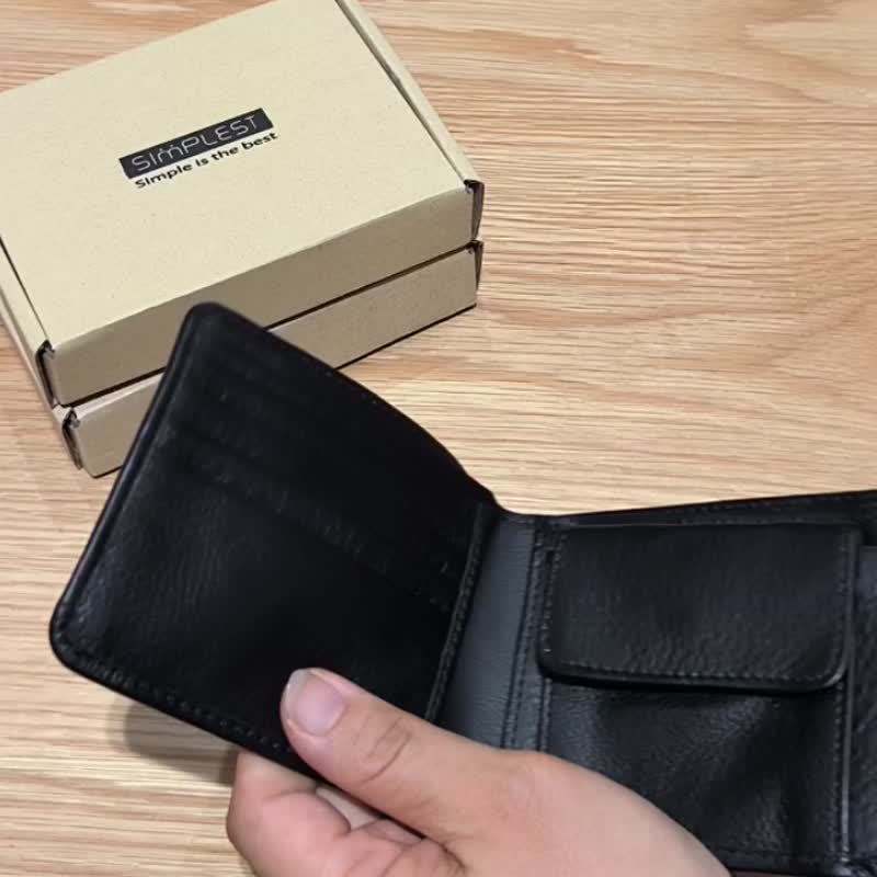 W004 Wallet+Coin pocket - Black - Genuine leather - 皮夾/長短夾/錢包 - 真皮 黑色