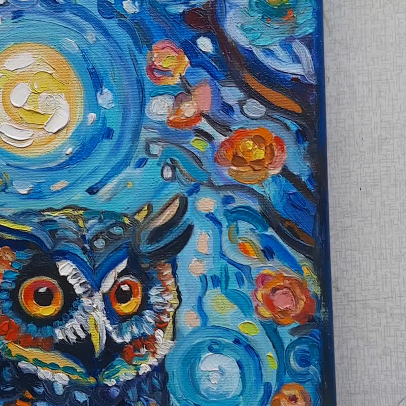 フクロウアート鳥カラフル オリジナルアート 油絵 キャンバスに油絵 30