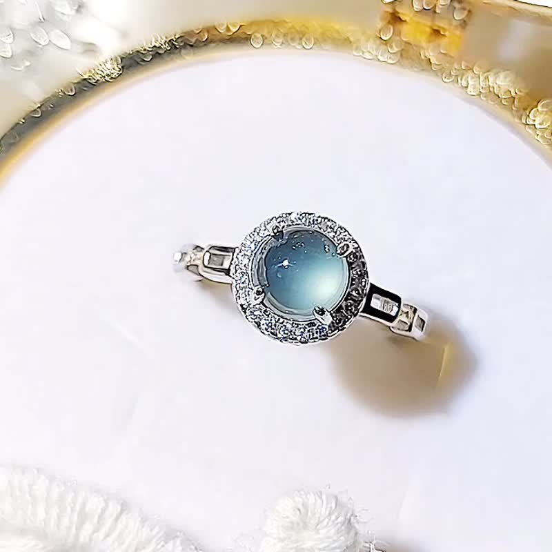 |Goddess of Wealth|A-grade jade ice glass blue full-bodied large egg-shaped 7mm sterling silver plated 18k fashion ring - General Rings - Jade 